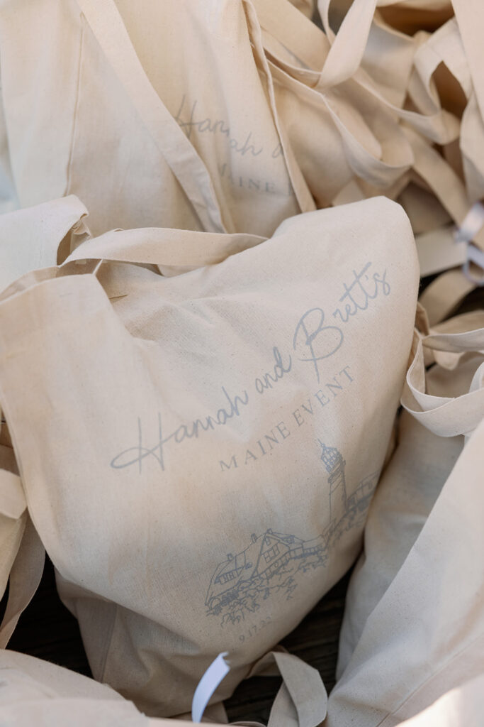 Welcome bags for a wedding that say the Maine Event
